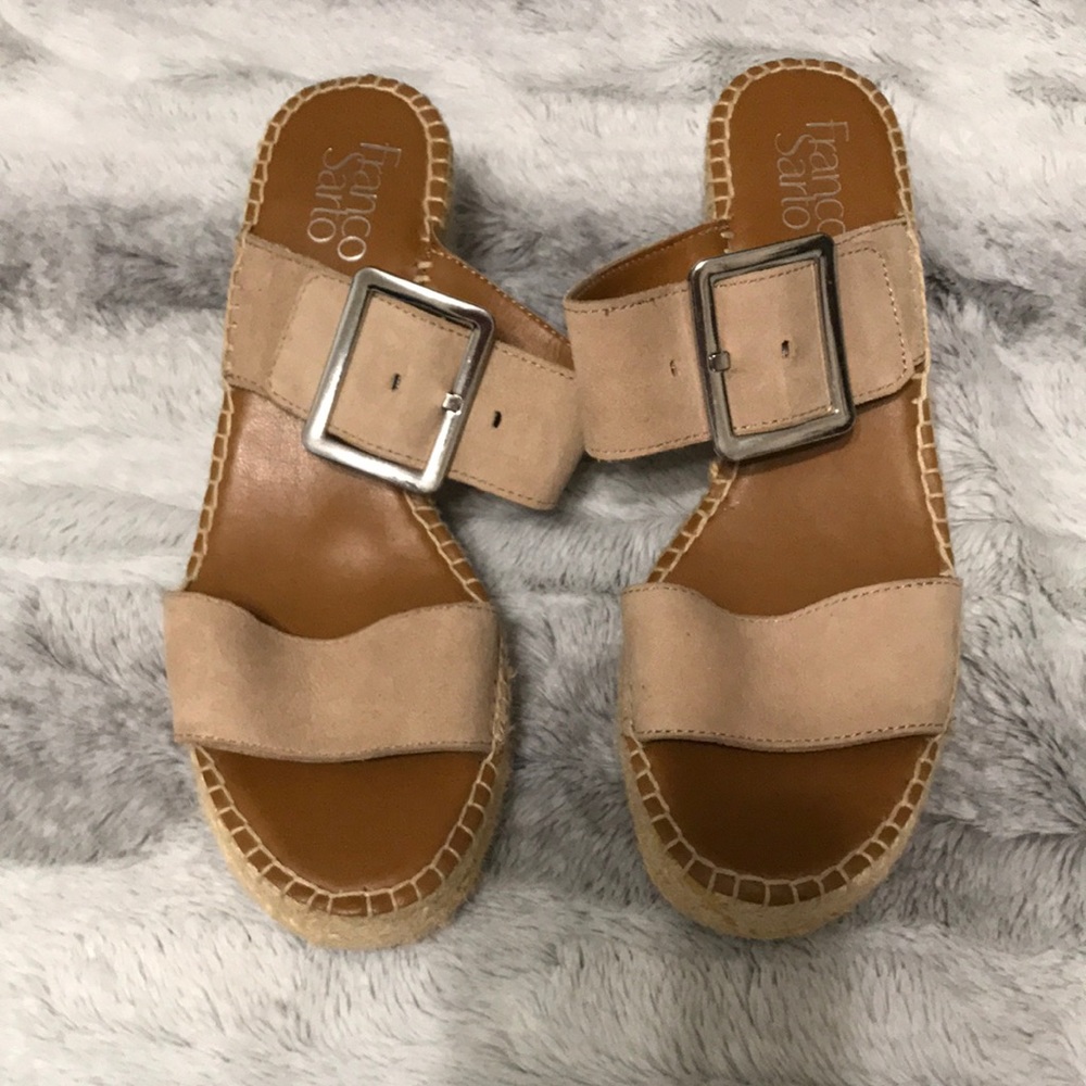 Franco Sarto tan strap sandals.  Size 8M.  Leather upper/rope wedge heel